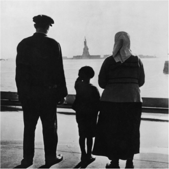 Family looking towards a statue